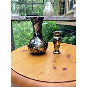 Vintage Brass Vase Set Black Enameled Etched Indian Bud Urn Boho Luxford Gifts